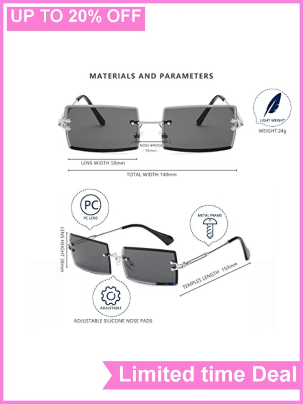 Metal Rimless Retro Square Sunglasses UV400 - Picture 3 of 6